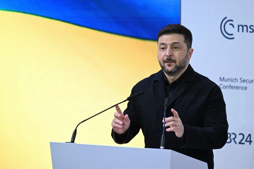 Ukrainian President Volodymyr Zelensky speaks during the 62nd Munich Security Conference (MSC) on February 14, 2026 in Munich, southern Germany. Heads of state and government as well as foreign and defence ministers from all over the world are expected to attend the security policy talks from February 13 to 15, 2026. (Photo by THOMAS KIENZLE / AFP)