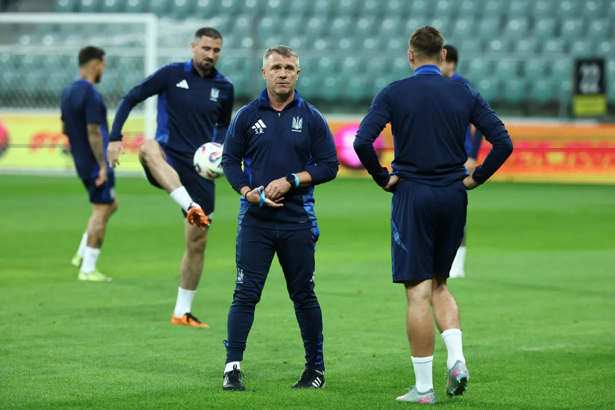 Ukraine's coach Serguey Rebrov attends a training session on the eve of the 2026 World Cup qualifiers Europe zone group D football match between Ukraine and France, on September 4, 2025 in Wroclaw. (Photo by FRANCK FIFE / AFP)