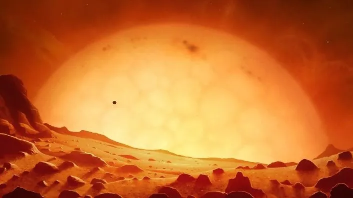 bolygó Future red giant Sun, artwork. View from Earth of the red giant Sun, which has increased in size, possibly engulfing Mercury and Venus. The surface of the Earth is arid and lifeless. This stage in the Sun's life, starting in some 5 billion years, will last about 700 million years and end with the formation of a small white dwarf Sun. (Photo by MARK GARLICK / MGA / Science Photo Library via AFP)