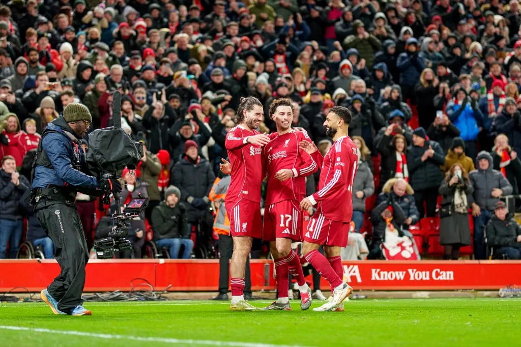 Dominik Szoboszlai of Liverpool celebrates after scoring their second goal during the Emirates FA Cup Fourth Round match between Liverpool and Brighton and Hove Albion at Anfield in Liverpool, England, on February 14, 2026. (Photo by Steven Halliwell/MI News/NurPhoto) (Photo by MI News / NurPhoto via AFP)