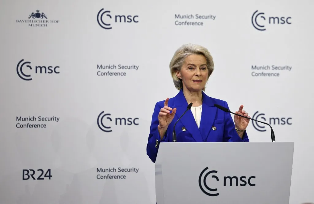 European Commission President Ursula von der Leyen speaks on stage during the 62nd Munich Security Conference (MSC) on February 14, 2026 in Munich, southern Germany. Heads of state and government as well as foreign and defence ministers from all over the world are expected to attend the security policy talks from February 13 to 15, 2026. (Photo by Alexandra BEIER / AFP)