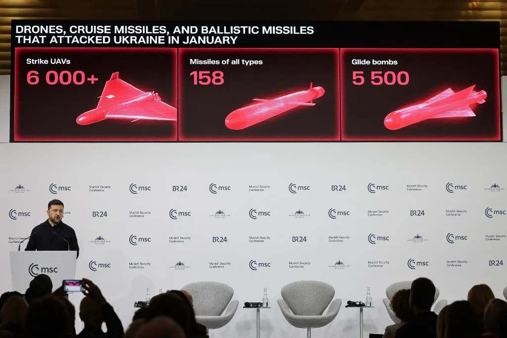 Ukrainian President Volodymyr Zelensky speaks during the 62nd Munich Security Conference (MSC) on February 14, 2026 in Munich, southern Germany. Heads of state and government as well as foreign and defence ministers from all over the world are expected to attend the security policy talks from February 13 to 15, 2026. (Photo by Alexandra BEIER / AFP)