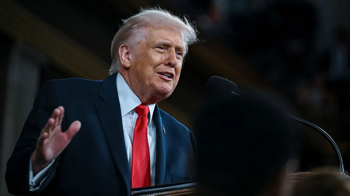 US President Donald Trump delivers the first State of the Union address of his second term to a joint session of Congress in the House Chamber of the United States Capitol in Washington, DC, on February 24, 2026. (Photo by Kenny HOLSTON / POOL / AFP)