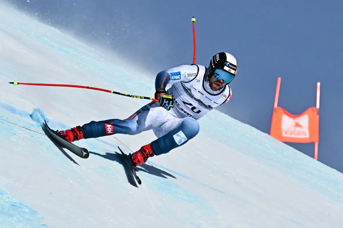 Norway's Aleksander Aamodt Kilde competes in the men's downhill race part of the FIS Alpine Ski World Cup 2025-2026, in Crans Montana, Switzerland, on February 1, 2026. (Photo by Fabrice COFFRINI / AFP)