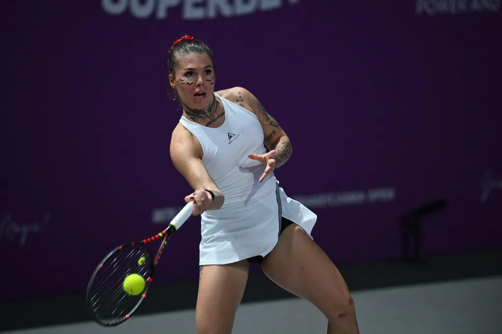 Oleksandra Oliynykova of Ukraine competes in the first round of the Transylvania Open 2026, a WTA250 Tournament, against Anna Bondar of Hungary, at BT Arena in Cluj-Napoca, Romania, on February 23, 2026. (Photo by Alex Nicodim/NurPhoto) (Photo by Alex Nicodim / NurPhoto via AFP)