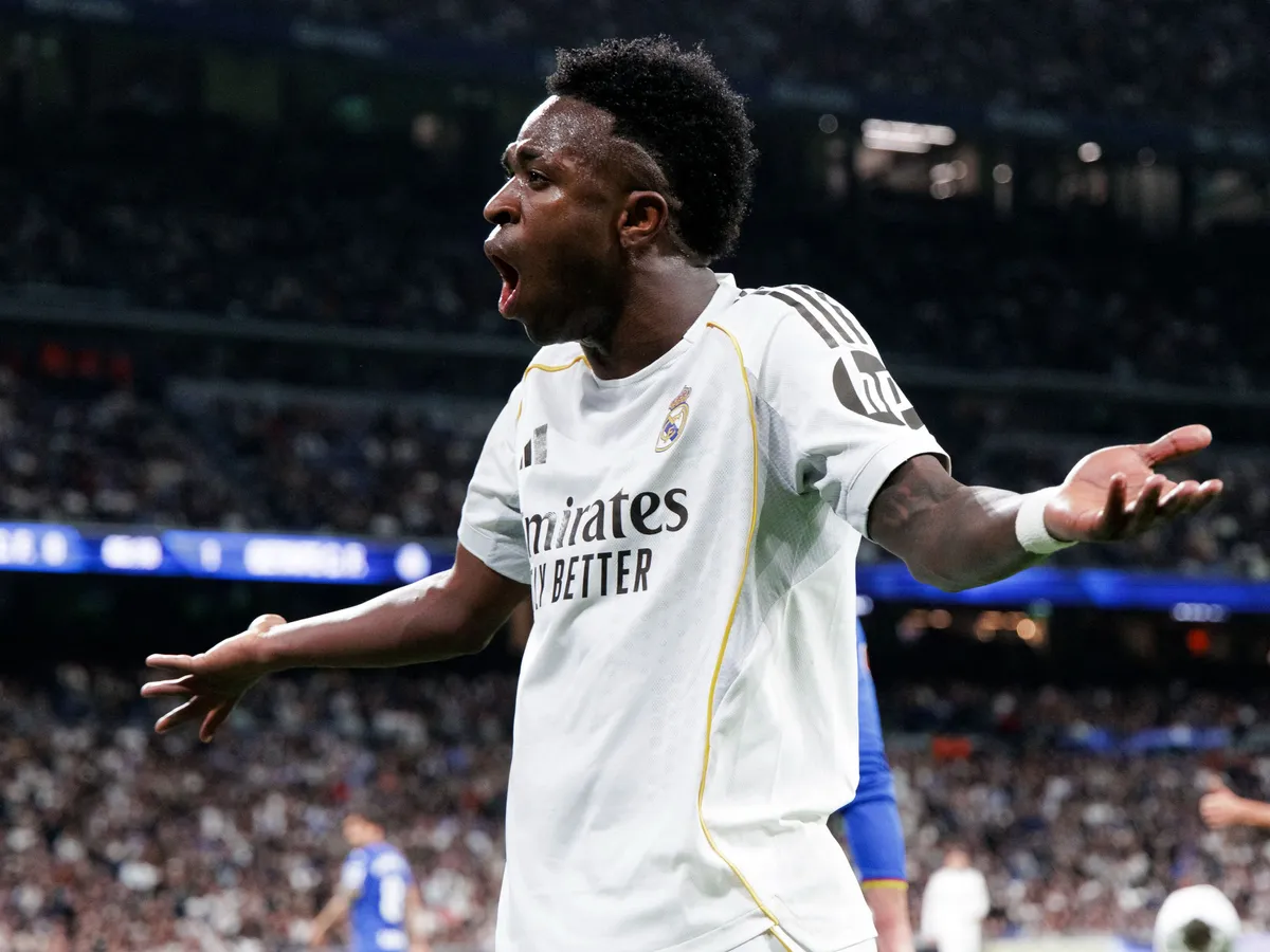 Vinicius Jr of Real Madrid reacts to a missed opportunity during the La Liga 2025/26 match between Real Madrid and Getafe at Santiago Bernabeu Stadium in Madrid, Spain, on March 2. (Photo by Guille Martinez/f22photo/NurPhoto) (Photo by Guillermo Martinez / NurPhoto via AFP)
