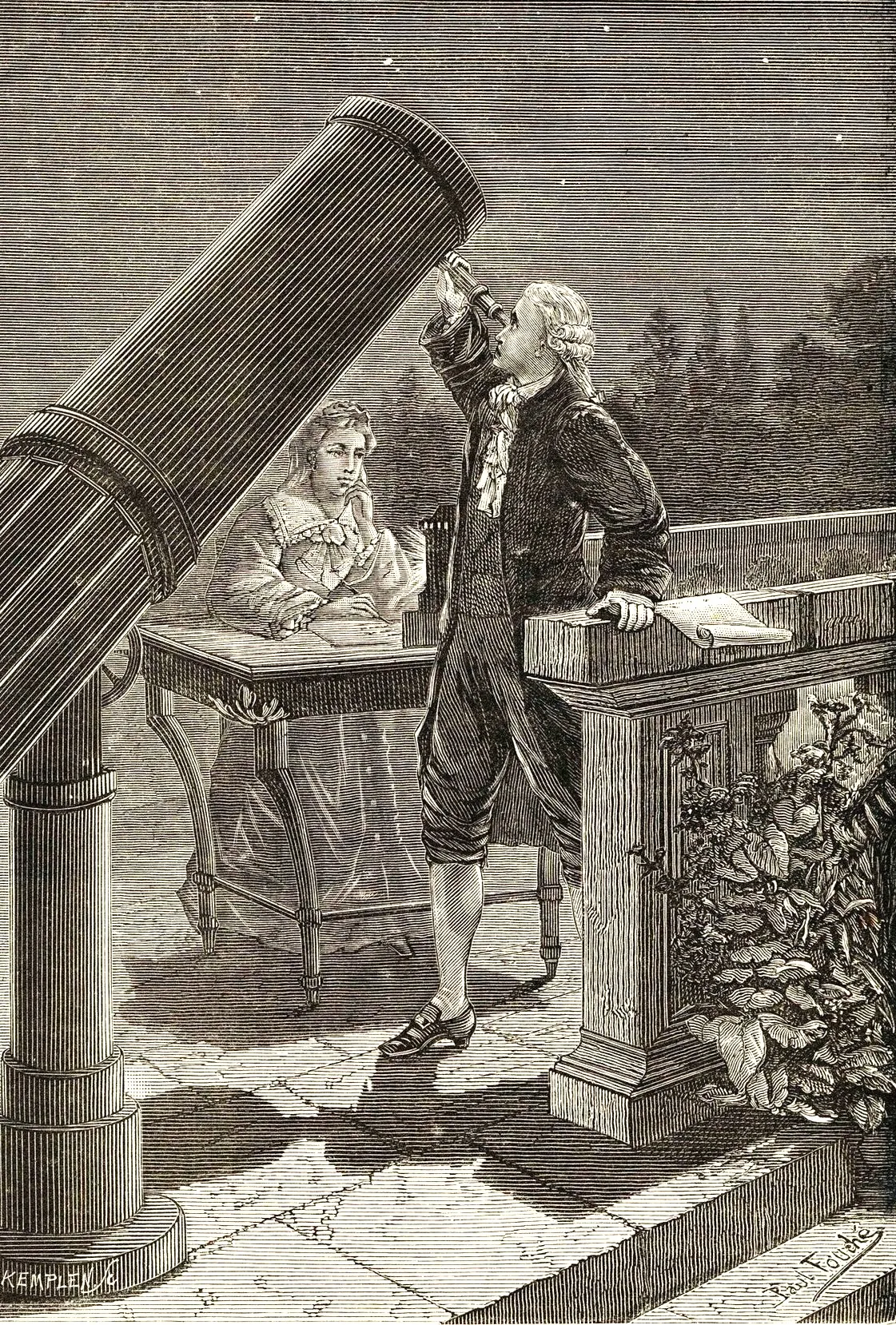 Történeti metszet William Herschel csillagászati távcsövéről.
