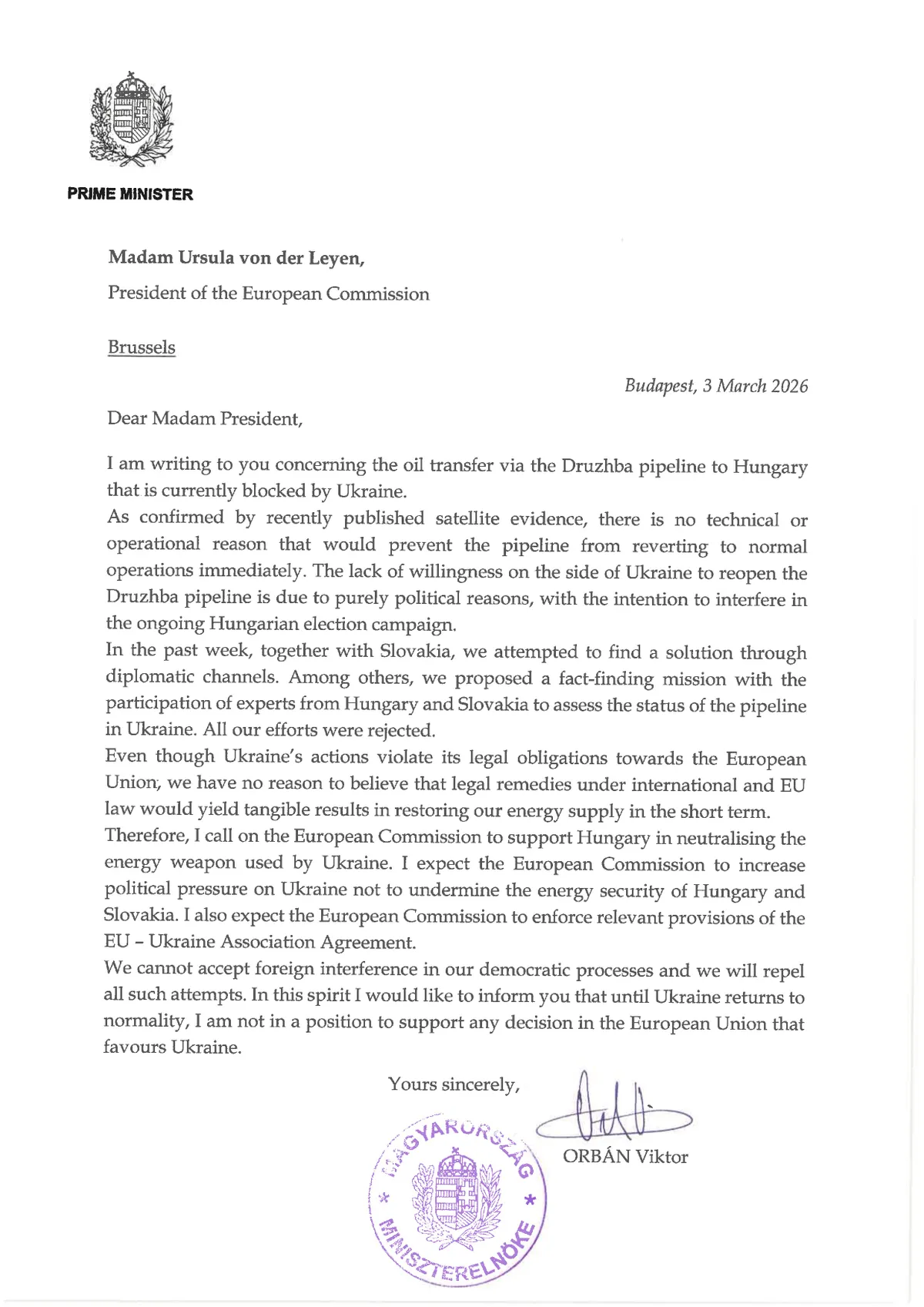 Ursula von der Leyen, UrsulavonderLeyen, levél, Orbán Viktor, OrbánViktor, 2026.03.03.