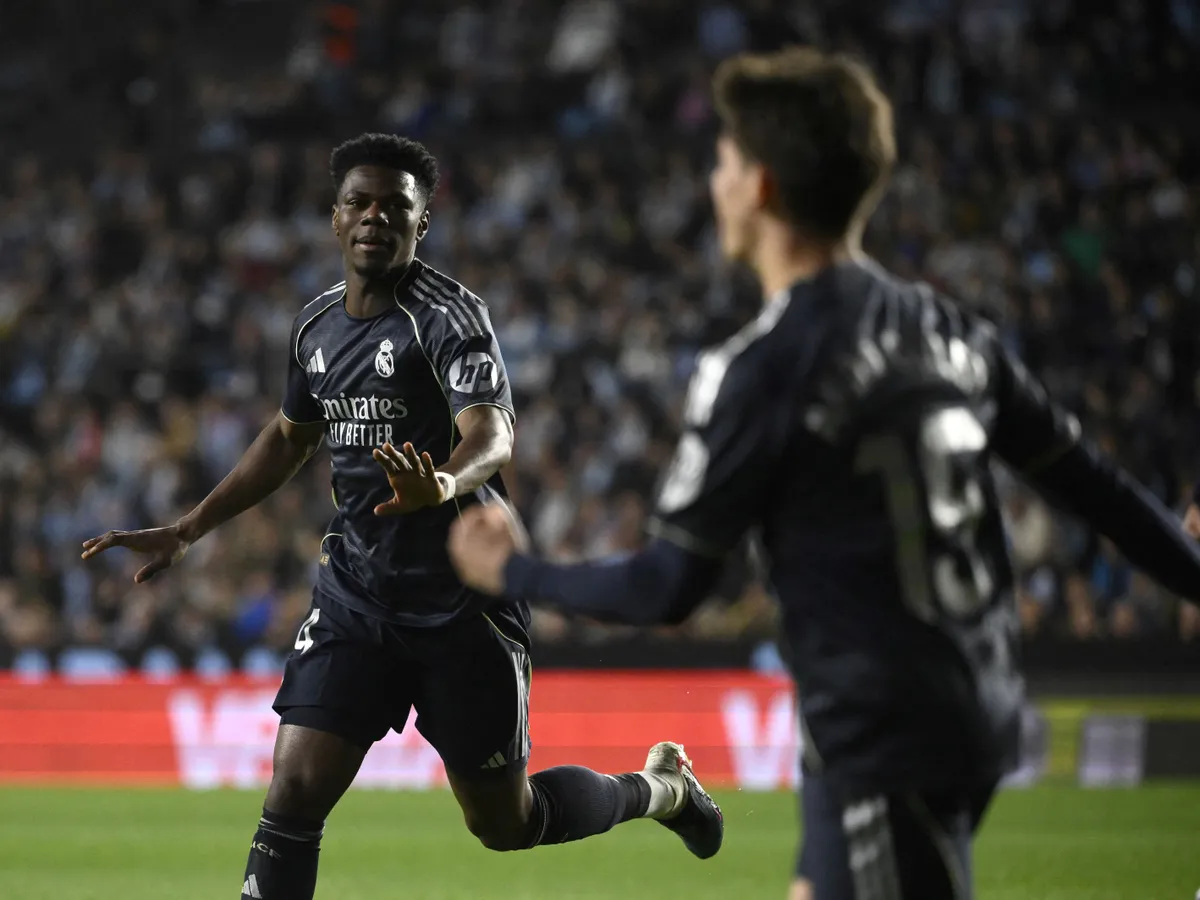 Real Madrid's French midfielder #14 Aurelien Tchouameni celebrates scoring his team's first goal during the Spanish league football match between Celta Vigo and Real Madrid CF at the Balaidos Stadium in Vigo on March 6, 2026. (Photo by Miguel RIOPA / AFP)