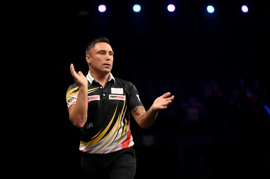 Welsh Gerwyn Price reacts during the Premier League (Night 2/16) darts event in Antwerp on Thursday 12 February 2026. BELGA PHOTO ELIAS ROM (Photo by ELIAS ROM / BELGA MAG / Belga via AFP)