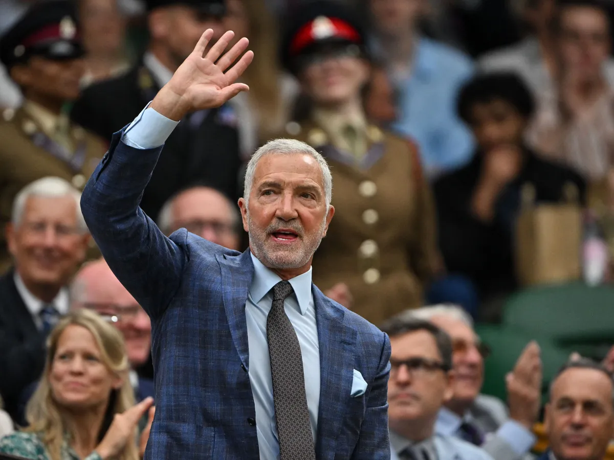 Former Scottish football player Graeme Souness waves to the crowd on the Royal box ahead of the men's singles third round tennis match between Italy's Jannik Sinner and Spain's Pedro Martinez on the sixth day of the 2025 Wimbledon Championships at The All England Lawn Tennis and Croquet Club in Wimbledon, southwest London, on July 5, 2025. (Photo by Glyn KIRK / AFP) / RESTRICTED TO EDITORIAL USE