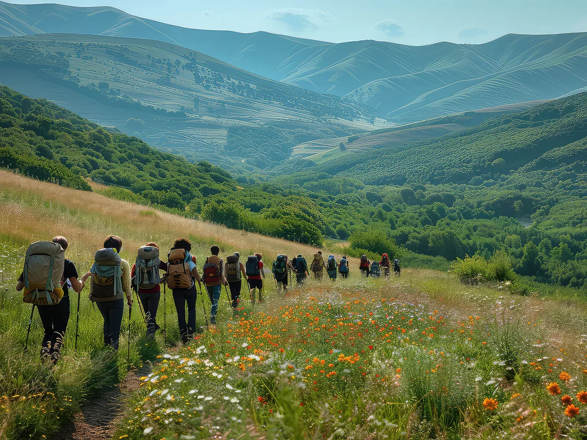 A group friends hiking with large backpacks to along mountain path through. The friends make their way along the mountain path, excited for the adventure that lies ahead of them.