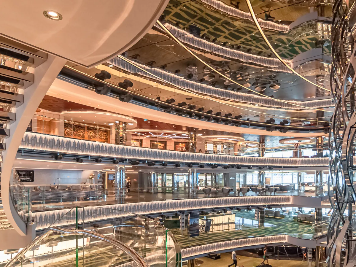View of the atrium of the cruise ship MSC Seaview, with screens and ceiling, Marseille, France, June 30, 2018.