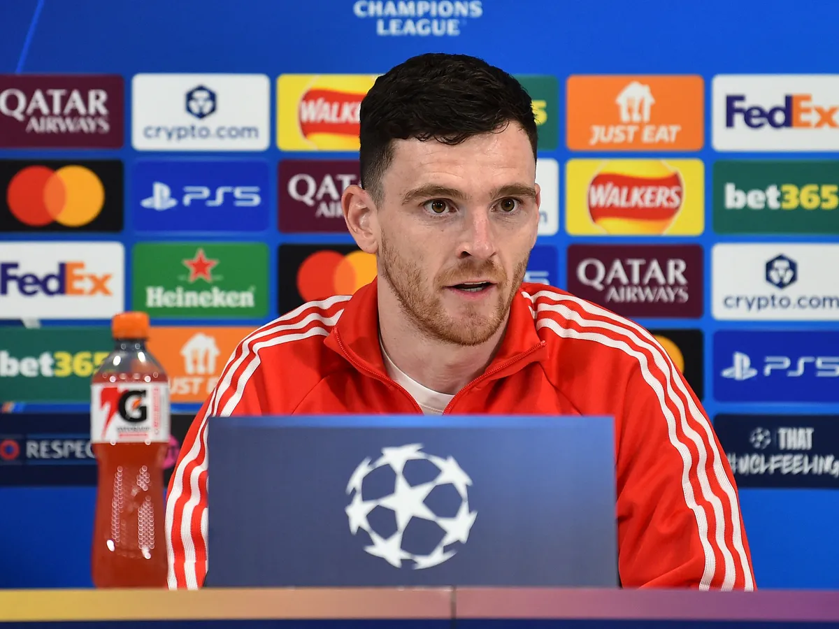 Liverpool's Scottish defender #26 Andrew Robertson attends a press conference at Anfield stadium in Liverpool, north-west England on March 17, 2026, on the eve of their UEFA Champions League, last 16 second leg football match against Galatasaray. (Photo by PETER POWELL / AFP)