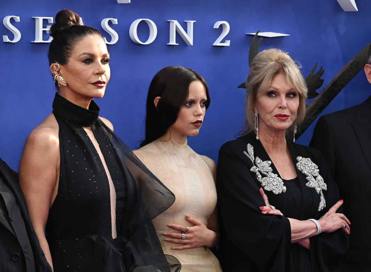 Catherine Zeta Jones, Jenna Ortega and Joanna Lumley at the Wednesday, Season 2 Global Premiere, Westminster Hall. Credit: Doug Peters/EMPICS