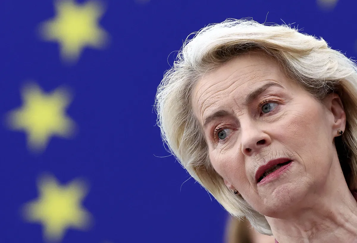 European Commission President Ursula von der Leyen speaks during a joint debate on the preparation of the European Council meeting on March 19 and 20, 2026 and on the US-Israeli war on Iran, at the European Parliament in Strasbourg, eastern France, on March 11, 2026. (Photo by FREDERICK FLORIN / AFP)