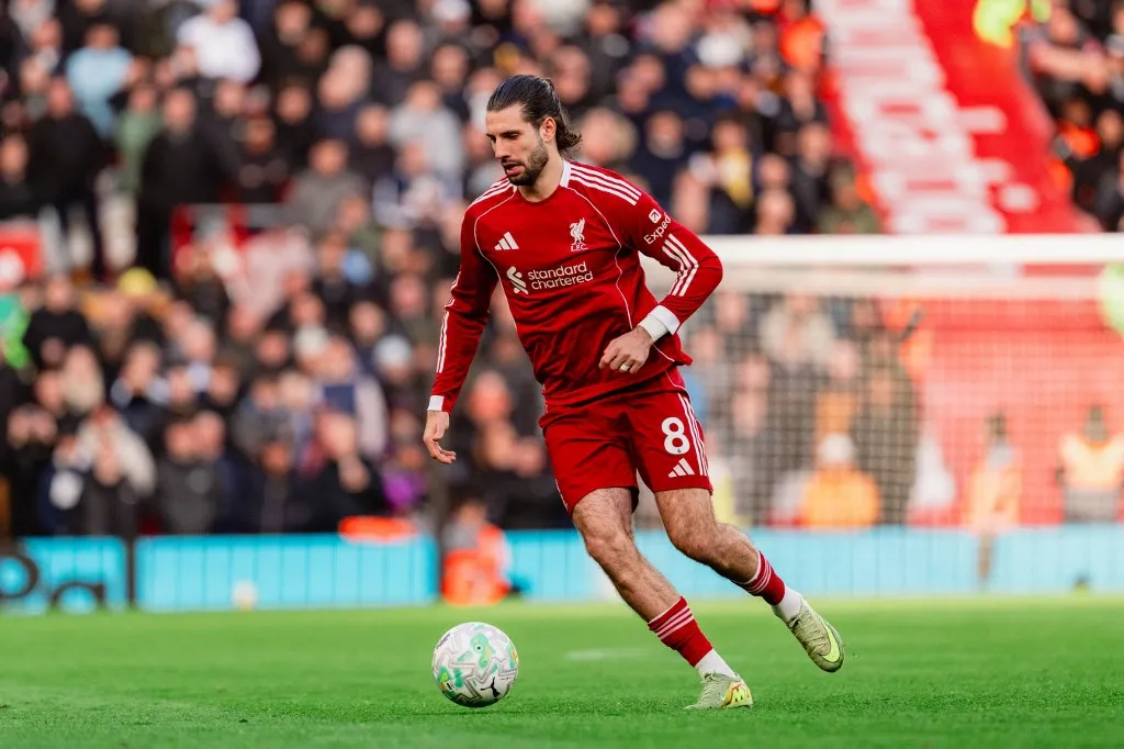 Dominik Szoboszlai of Liverpool in action during the Premier League match between Liverpool and Tottenham Hotspur at Anfield, Liverpool, on March 15, 2026. (Photo by Steven Halliwell/MI News/NurPhoto) (Photo by MI News / NurPhoto via AFP)