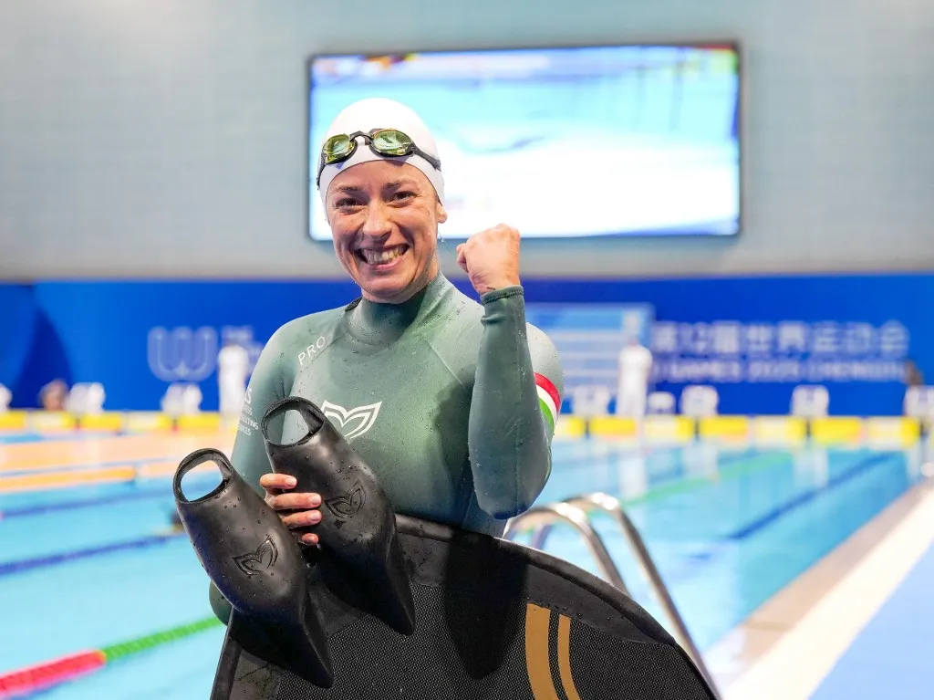 (250811) -- CHENGDU, Aug. 11, 2025 (Xinhua) -- Zsofia Torocsik of Hungary reacts after setting a new world record in the Women's Dynamic with Fins Final of the Freediving event at The World Games 2025 in Chengdu, southwest China's Sichuan Province, Aug. 11, 2025. (Xinhua/Wang Xi) (Photo by Wang Xi / Xinhua via AFP)
