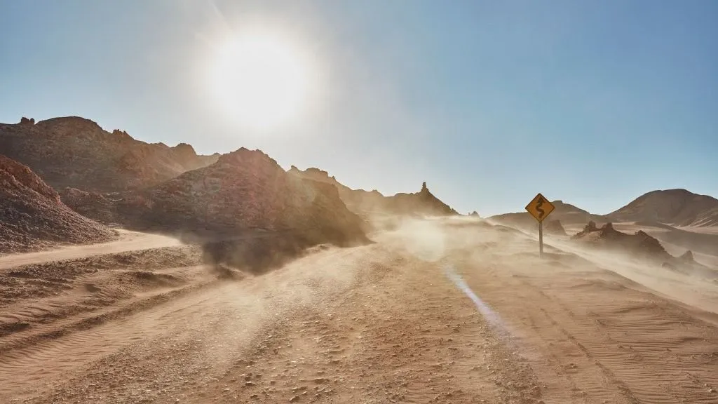 szélerőműpark, Dusty desert dirt track, San Pedro de Atacama, Chile (Photo by Stephen Lux / Connect Images via AFP)
