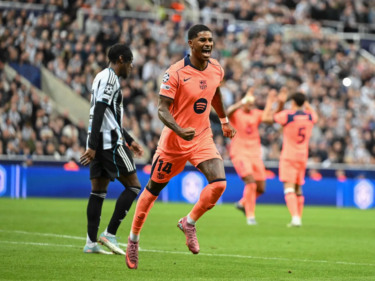 Marcus Rashford of FC Barcelona celebrates after scoring the opening goal during the UEFA Champions League 2025/26 League Phase MD1 match between Newcastle United and FC Barcelona at St. James's Park in Newcastle, on September 18, 2025. (Photo by Trevor Wilkinson/MI News/NurPhoto) (Photo by MI News / NurPhoto via AFP)