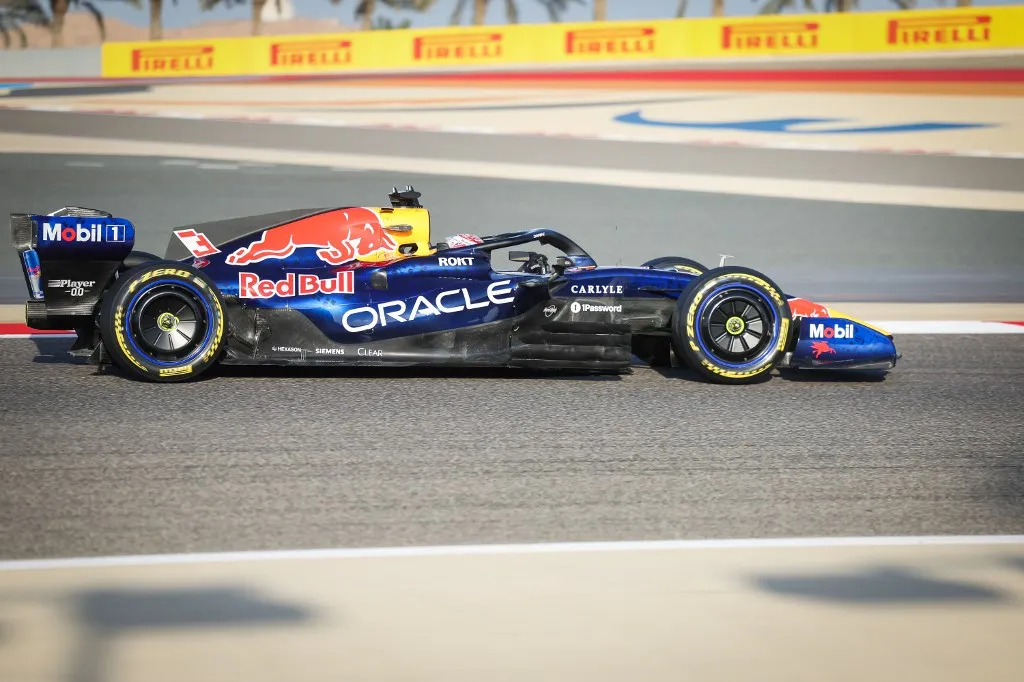 SAKHIR, BAHRAIN - FEBRUARY 18: Max Verstappen of Red Bull Racing drives on the second day of the Formula 1 pre-season testing event at the Bahrain International Circuit in Sakhir, Bahrain on February 19, 2026. Ayman Yaqoob / Anadolu (Photo by Ayman Yaqoob / Anadolu via AFP)