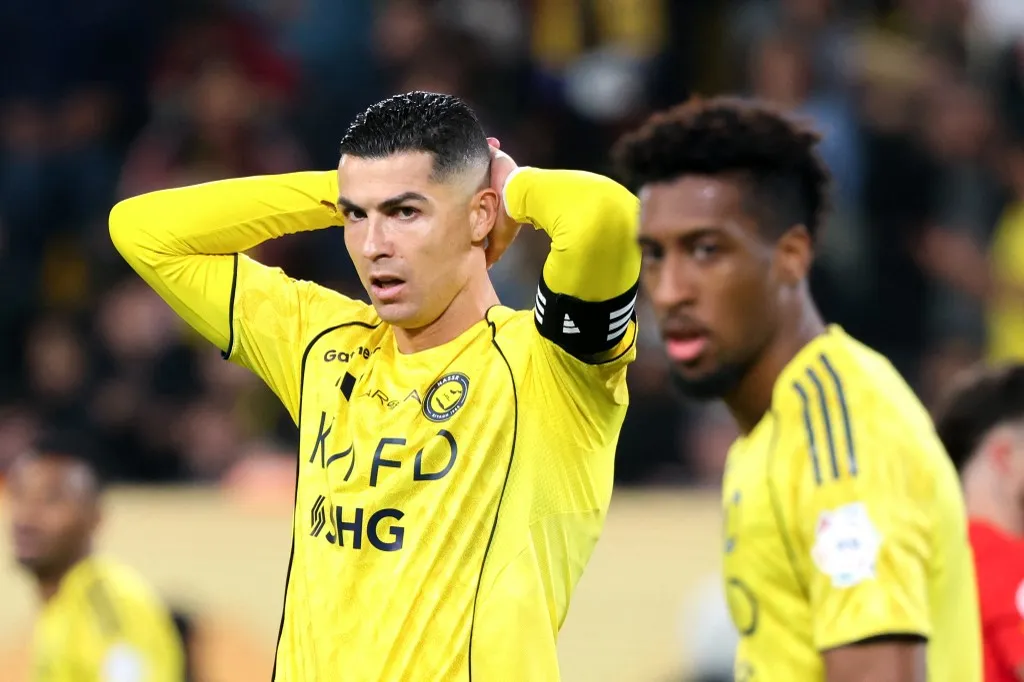Nassr's Portuguese forward #07 Cristiano Ronaldo reacts during the Saudi Pro League football match between Al-Nassr FC and Al-Qadsiah at al-Awwal Park stadium in Riyadh on January 8, 2026. (Photo by Fayez NURELDINE / AFP)