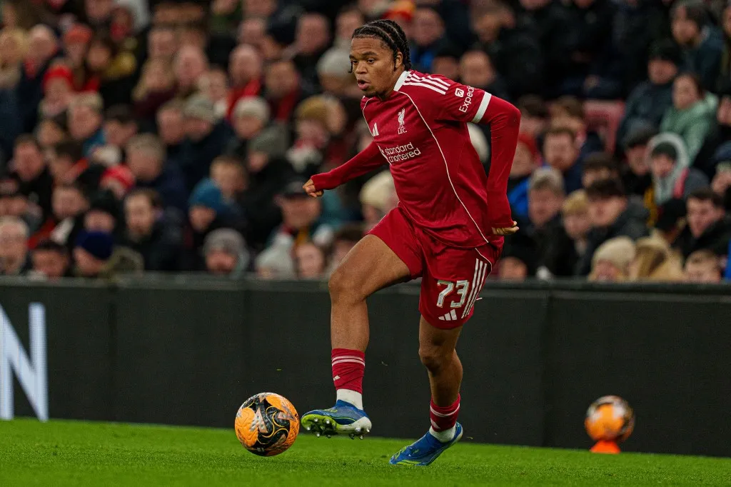 Rio Ngumoha of Liverpool is in action during the Emirates FA Cup Third Round match between Liverpool and Barnsley at Anfield in Liverpool, England, on January 12, 2026. (Photo by Steven Halliwell/MI News/NurPhoto) (Photo by MI News / NurPhoto via AFP)
