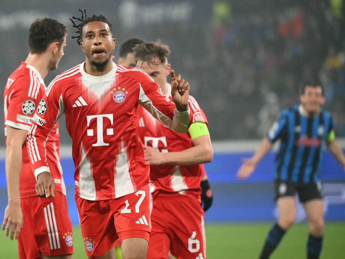 Bayern Munich's French midfielder #17 Michael Olise celebrates scoring his team's fifth goal during the UEFA Champions League last 16, first leg football match between Atalanta and Bayern Munich at the Gewiss stadium in Bergamo, on March 10, 2026. (Photo by Alberto PIZZOLI / AFP)