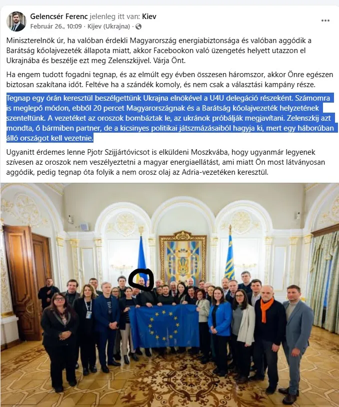 Magyar Péter embere Zelenszkijjel tárgyalt a Barátság vezetékről