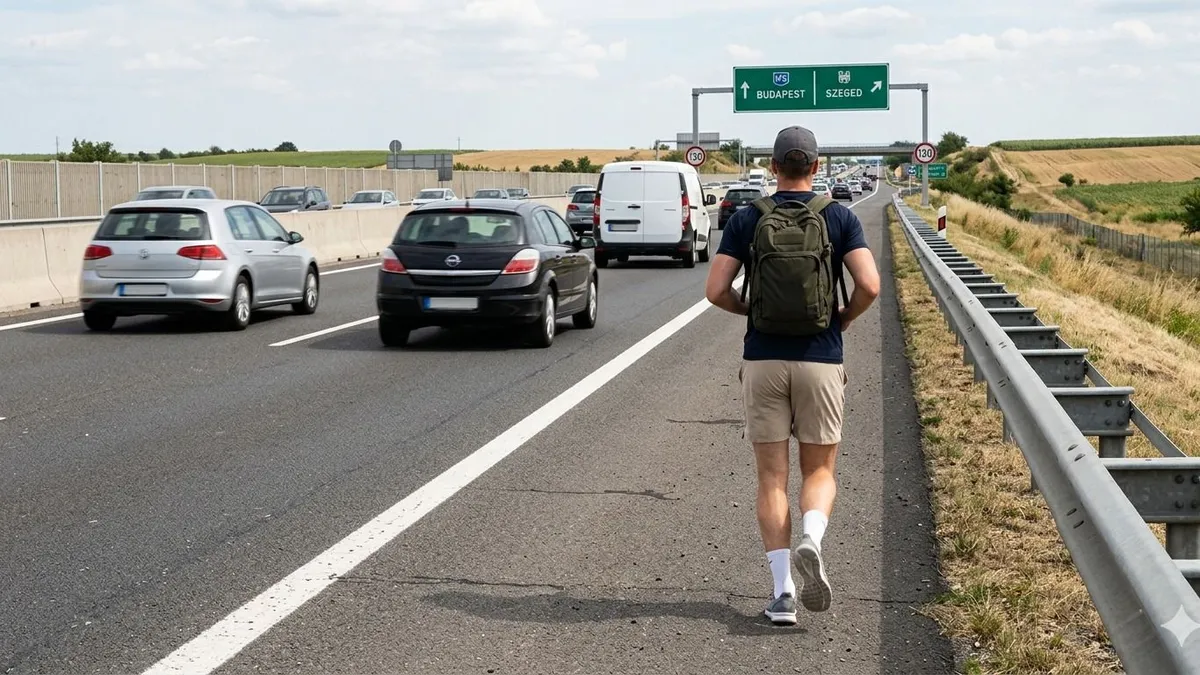 A férfi a száguldó autók mellett, az M5-ös autópálya leállósávján futott 