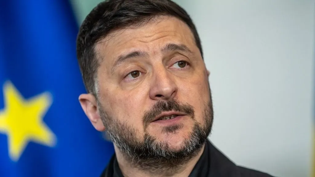 14 April 2026, Berlin: Volodymyr Zelensky, President of Ukraine, speaks at a press conference at the Federal Chancellery on the occasion of the German-Ukrainian intergovernmental consultations. Photo: Michael Kappeler/dpa (Photo by MICHAEL KAPPELER / dpa Picture-Alliance via AFP)