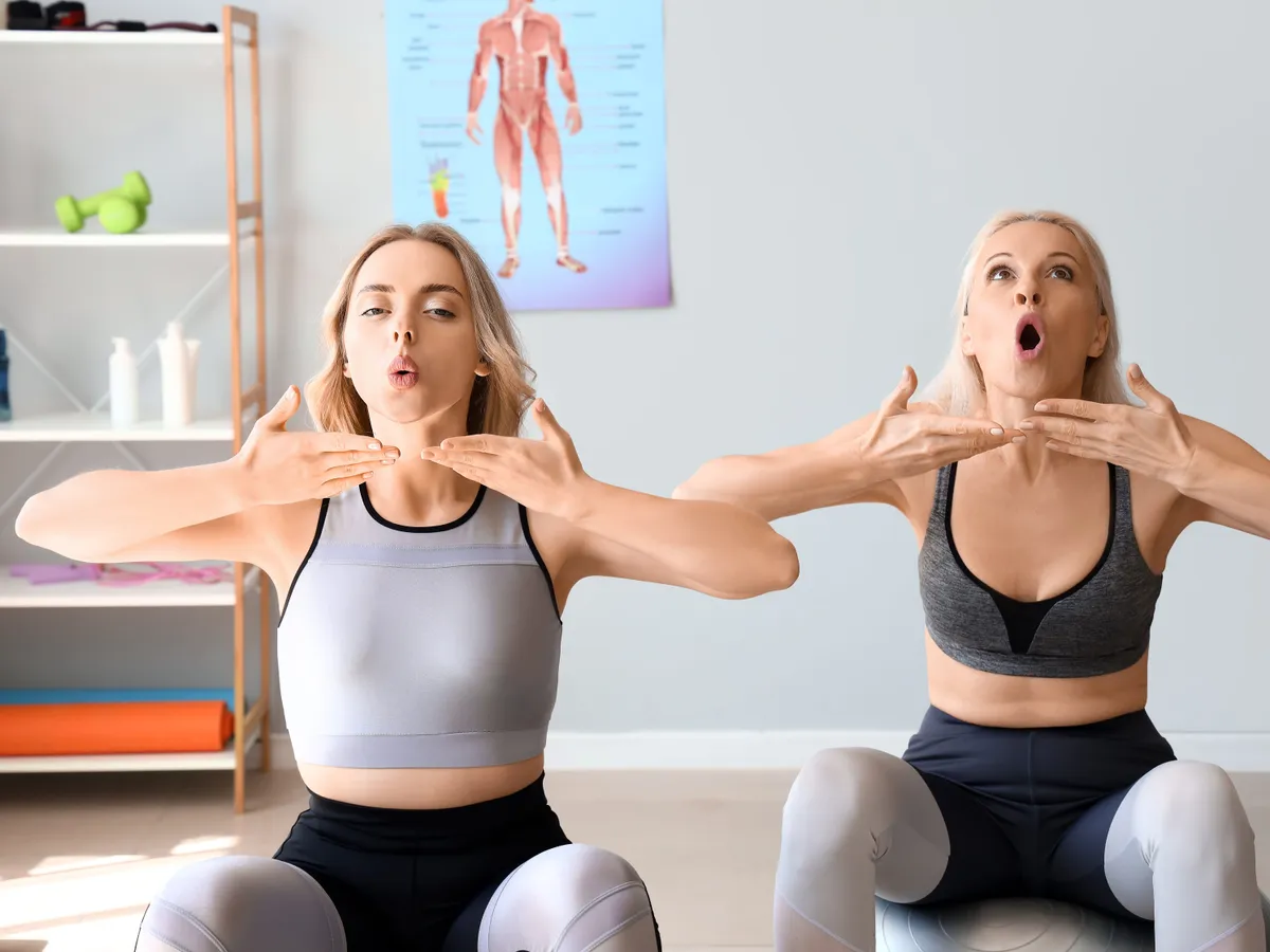 Vége a beesett arcnak és a tokának – Utánajártunk, mit tud valójában az arcjóga Mature woman with physiotherapist doing face building exercise in rehabilitation center