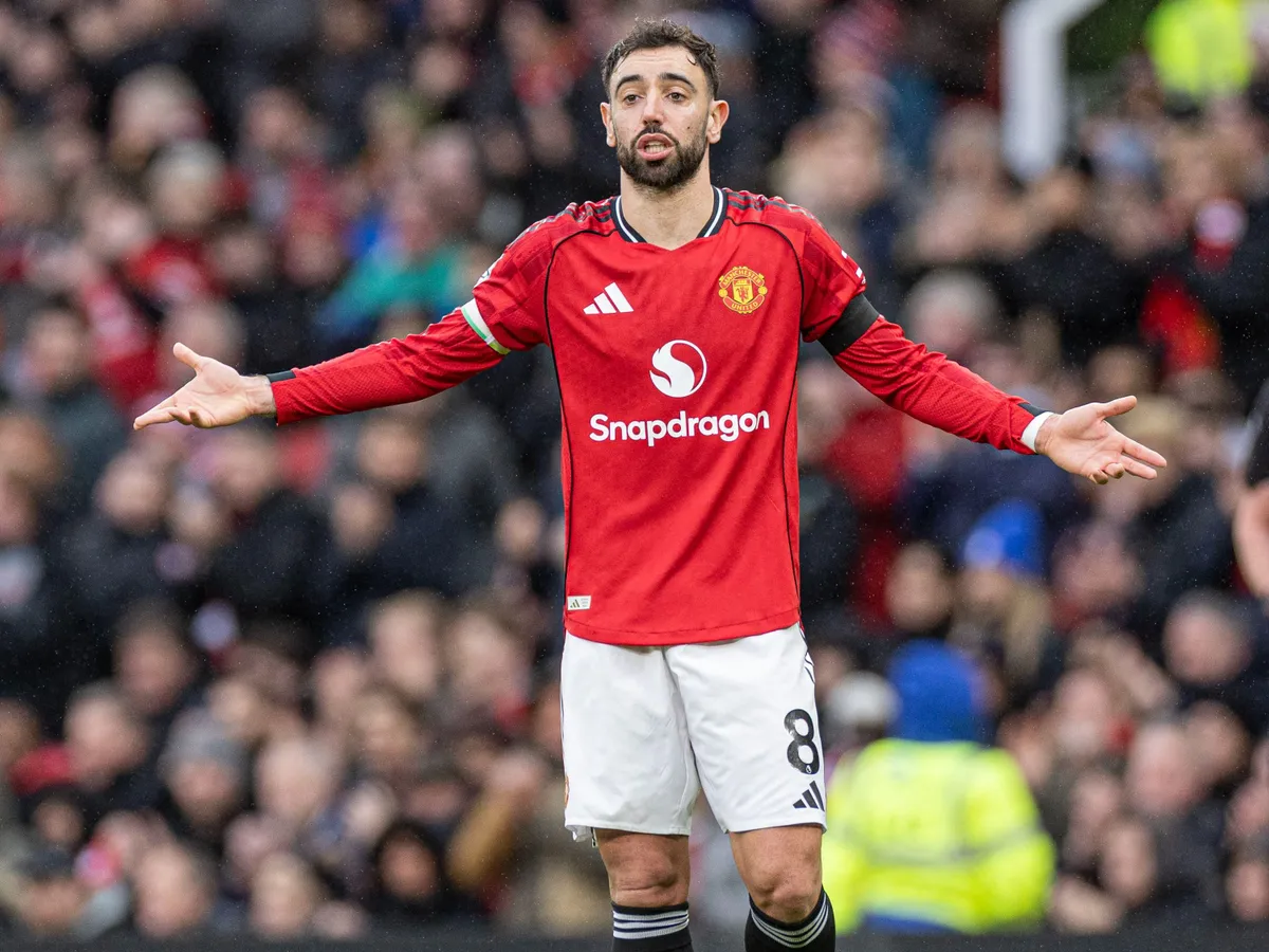 Bruno Fernandes #8 of Manchester United F.C. gesticulates during the Premier League match between Manchester United and Tottenham Hotspur at Old Trafford in Manchester, England, on February 7, 2026. (Photo by Mike Morese/MI News/NurPhoto) (Photo by MI News / NurPhoto via AFP)