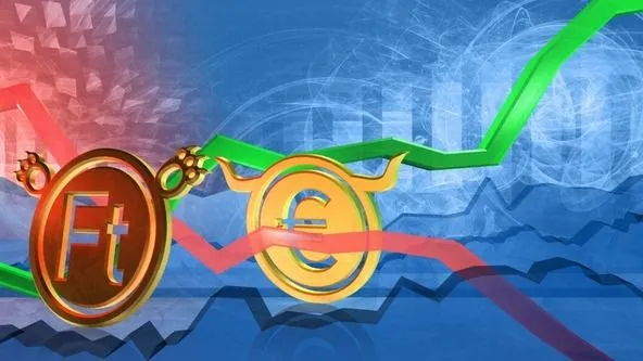 currency exchange rate background. bullish position of euro to forint. money represented as golden coins. 3D illustration of forex trading