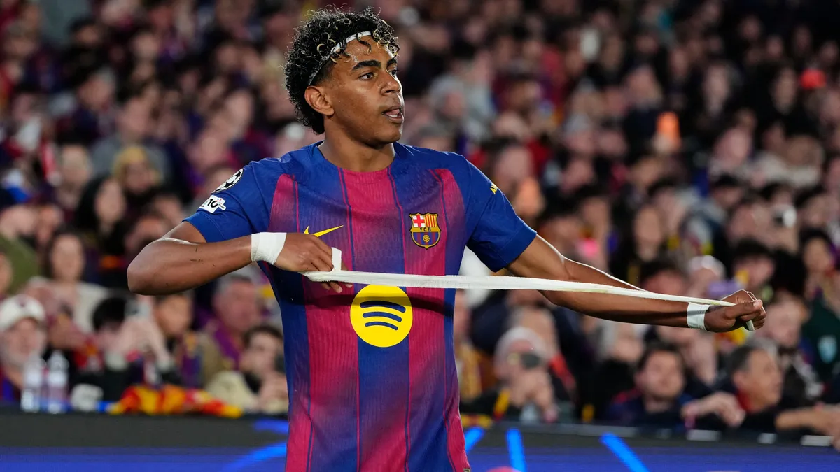 Lamine Yamal right winger of Barcelona and Spain reacts during the UEFA Champions League 2025/26 Quarter-Final First Leg match between FC Barcelona and Club Atlético de Madrid at Estadio Spotify Camp Nou on April 8, 2026 in Barcelona, Spain. (Photo by Jose Breton/Pics Action/NurPhoto) (Photo by Jose Breton / NurPhoto via AFP)