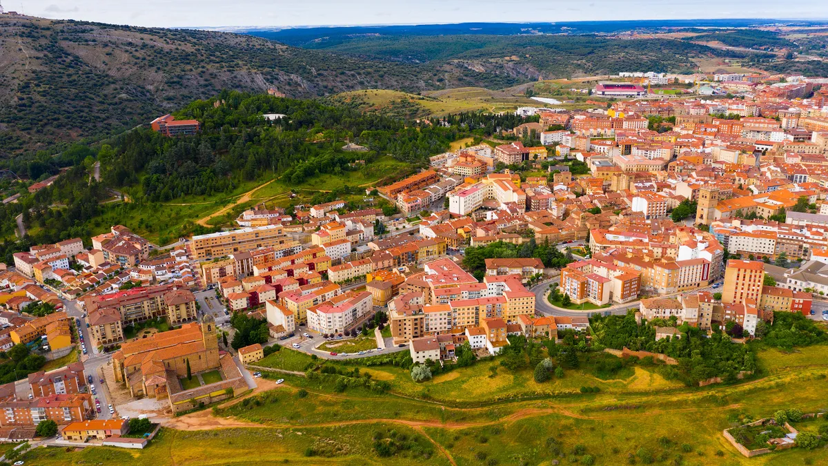 Arenillas, Panoramic view from the drone on the city Soria. Spain