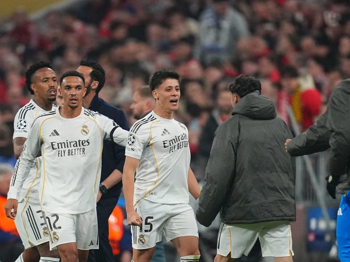 Arda Guler (Real Madrid)  scores and celebrates his teams second goal during UEFA Champions league Quarter Final UEFA Champions League: Bayern Munich and Real Madrid at Allianz Arena, Munich, Germany on April 15  2026. (Photo by Ulrik Pedersen/NurPhoto) (Photo by Ulrik Pedersen / NurPhoto via AFP)