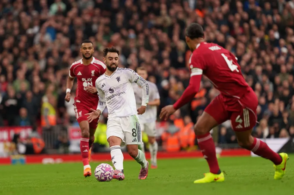 Bruno Fernandes of Manchester United plays during the Premier League match between Liverpool and Manchester United at Anfield in Liverpool, England, on October 19, 2025. (Photo by Steven Halliwell/MI News/NurPhoto) (Photo by MI News / NurPhoto via AFP)