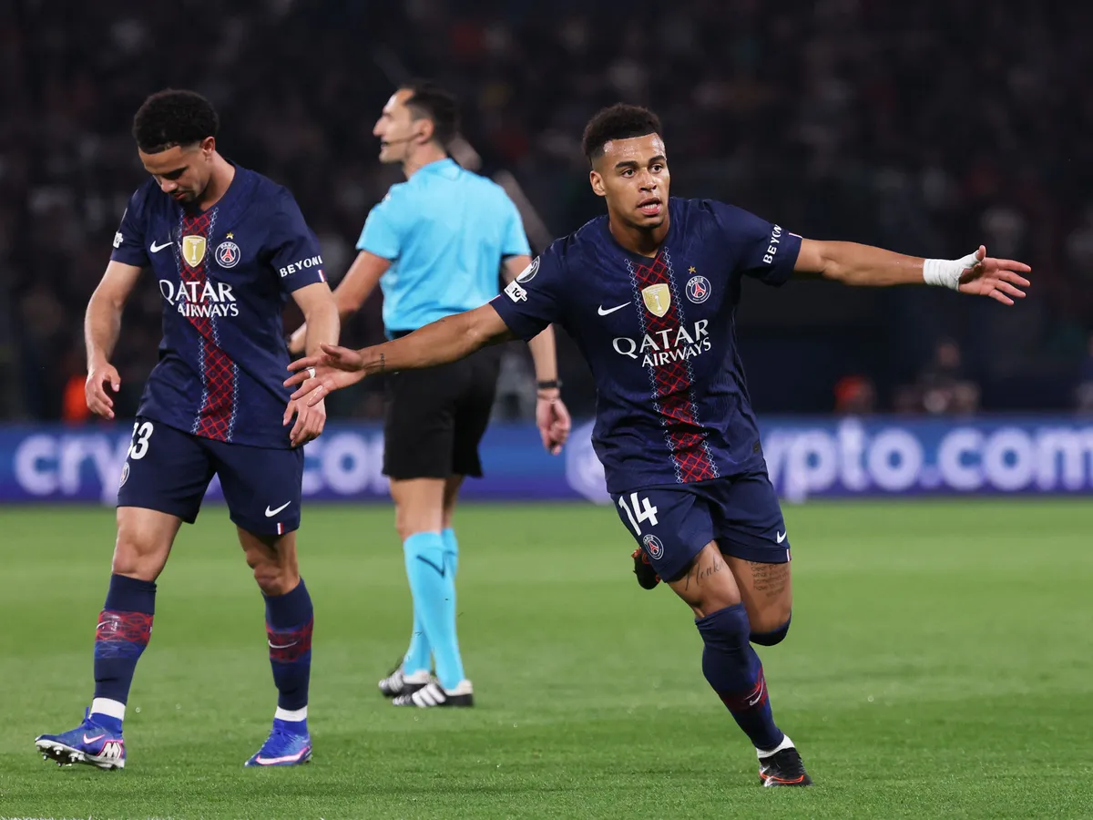 Paris Saint-Germain's French midfielder #14 Desire Doue  celebrates  after scoring the opening goal during the UEFA Champions League quarter-final first leg football match between Paris Saint-Germain (PSG) and Liverpool FC at the Parc des Princes stadium in Paris on April 8, 2026. (Photo by FRANCK FIFE / AFP)