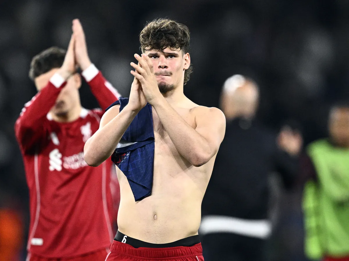 Liverpool's Hungarian defender #06 Milos Kerkez reacts at the end of the UEFA Champions League quarter-final first leg football match between Paris Saint-Germain (PSG) and Liverpool FC at the Parc des Princes stadium in Paris on April 8, 2026. (Photo by JULIEN DE ROSA / AFP)