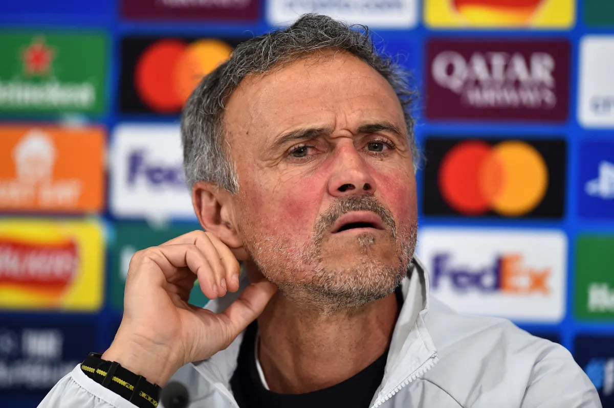 Paris Saint-Germain's Spanish head coach Luis Enrique attends a press conference at Anfield stadium in Liverpool, north-west England on April 13, 2026, on the eve of their UEFA Champions League, quarter final second leg football match against Liverpool. (Photo by PETER POWELL / AFP)