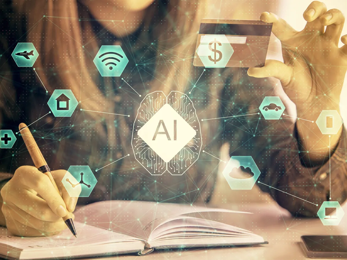 Double exposure of woman on-line shopping holding a credit card and data theme hologram drawing. E-commerce concept.