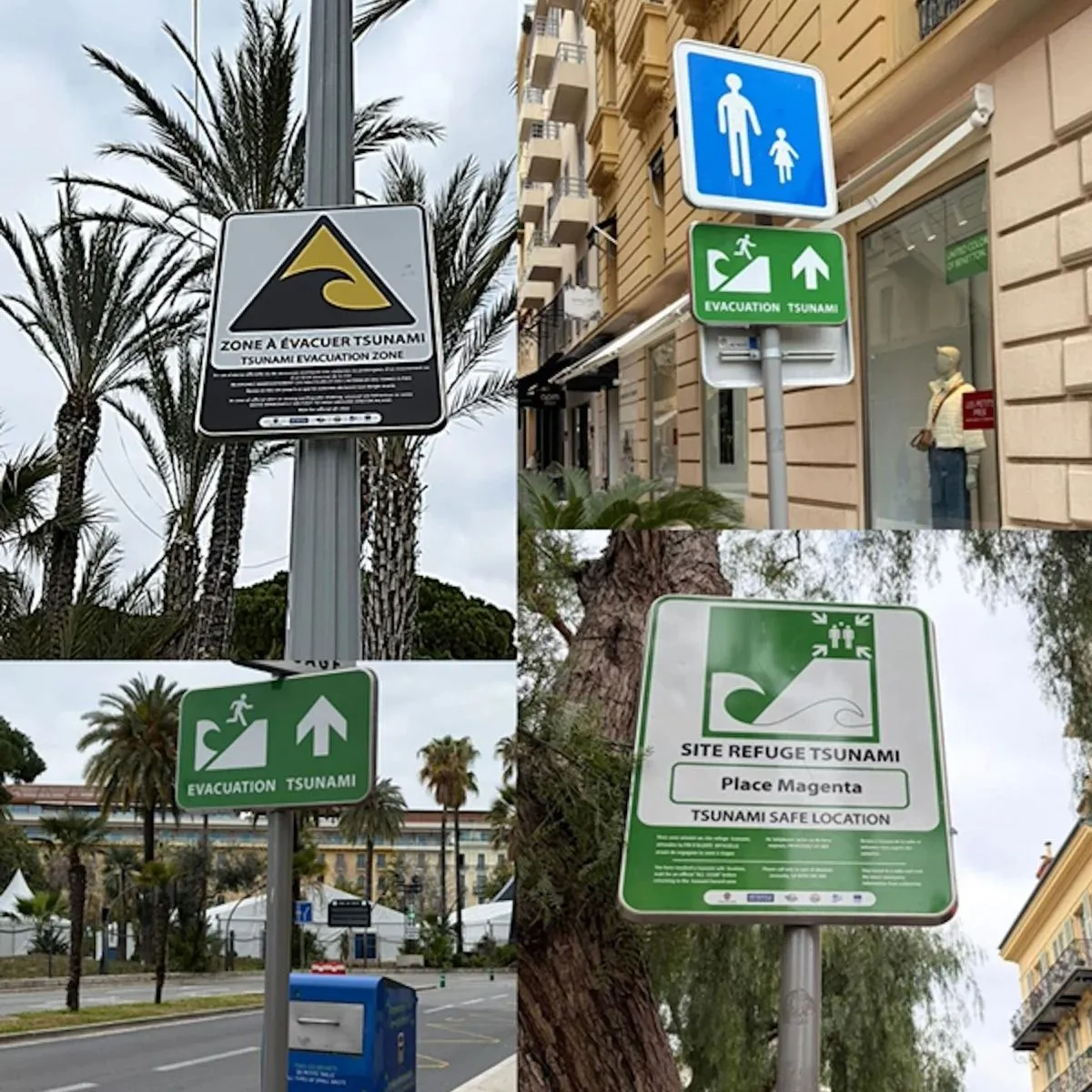 A franciaországi Azúr-parton táblák hívják fel a figyelmet egy esetleges esemény lehetőségére és a szükséges teendőkre