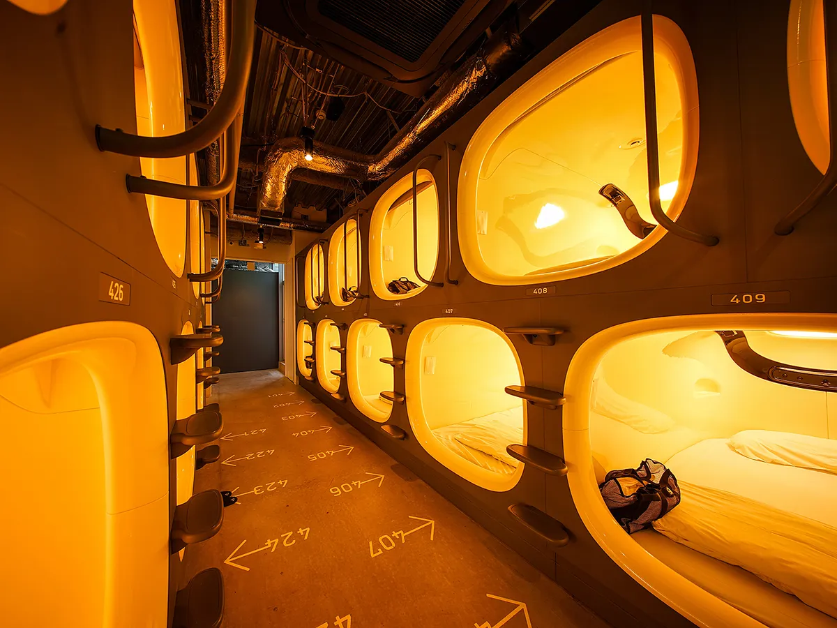 Tokyo, Japan - 24 October 2024: Night in a capsule hotel in Tokyo city.
