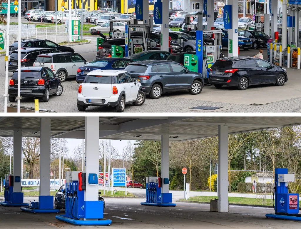 31 March 2026, Poland, Slubice: The two-part image combo shows a petrol station in Slubice, Poland (above), where many vehicles from Germany are queuing, and an empty petrol station in Frankfurt (Oder). Poland's government has capped prices for petrol and diesel. This is also attracting more fuel tourists. On Tuesday, long queues were already forming at the border crossings. The pumps at Polish petrol stations were running hot. Photo: Patrick Pleul/dpa - ATTENTION: Parts of license plates have been pixelated for legal reasons (Photo by PATRICK PLEUL / dpa Picture-Alliance via AFP), Ezek a fényképek a német-lengyel határ két oldalán készültek a napokban. A felső a lengyelországi Slubicében, míg az alsó a németországi Frankfurt am Oderában található benzinkutat mutatja. Nem nehéz kitalálni, hol olcsóbb az üzemanyag
