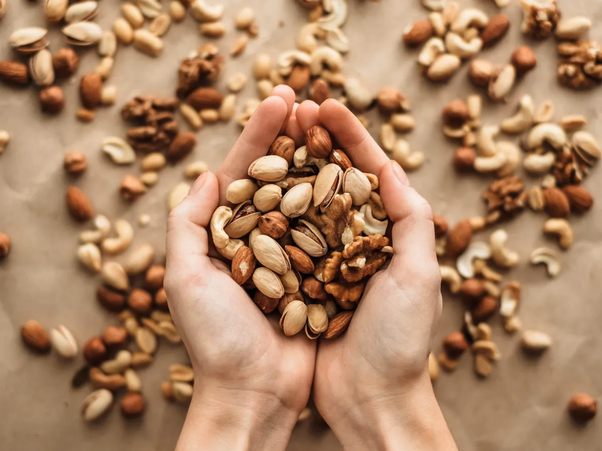 Different types of nuts, nut mix of almonds, hazelnuts, cashews, peanuts in hands. ... High quality photo