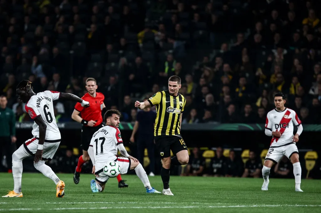 AEK Vs Rayo Vallecano for the UEFA Conference League  season 2025-26 in Allwyn Arena in Athens, Greece, on April 16, 2026 (Photo by Andreas Papakonstantinou / SOOC / SOOC via AFP)