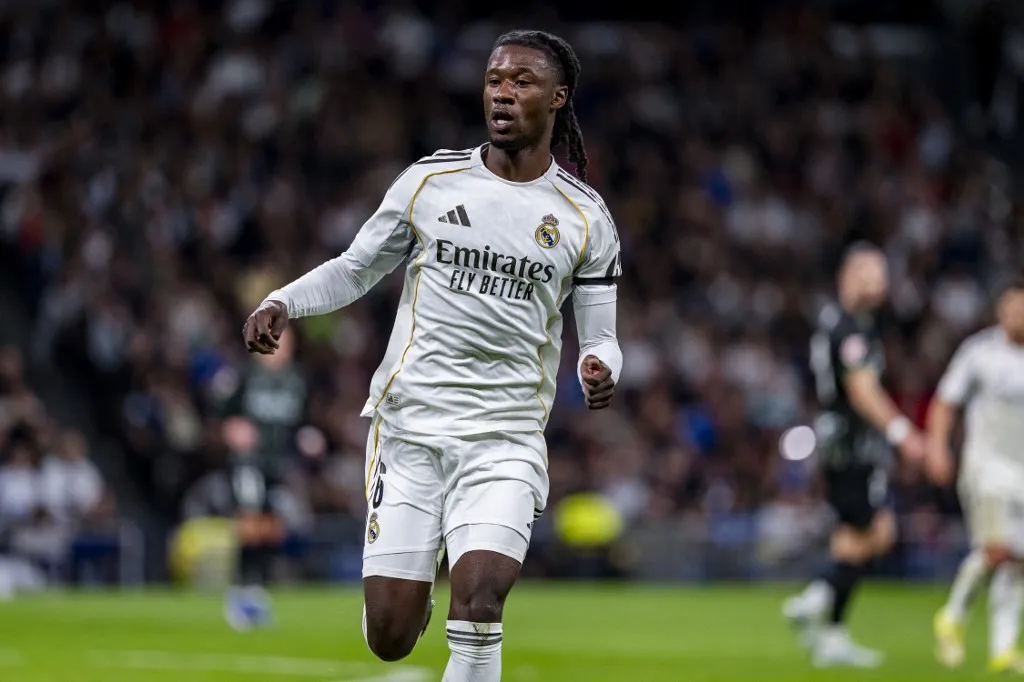 Eduardo Camavinga of Real Madrid is seen during the LaLiga EA Sports football match between Real Madrid CF and Elche CF at Estadio Bernabeu in Madrid, Spain, on March 14, 2026. (Photo by Alberto Gardin/NurPhoto) (Photo by Alberto Gardin / NurPhoto via AFP)