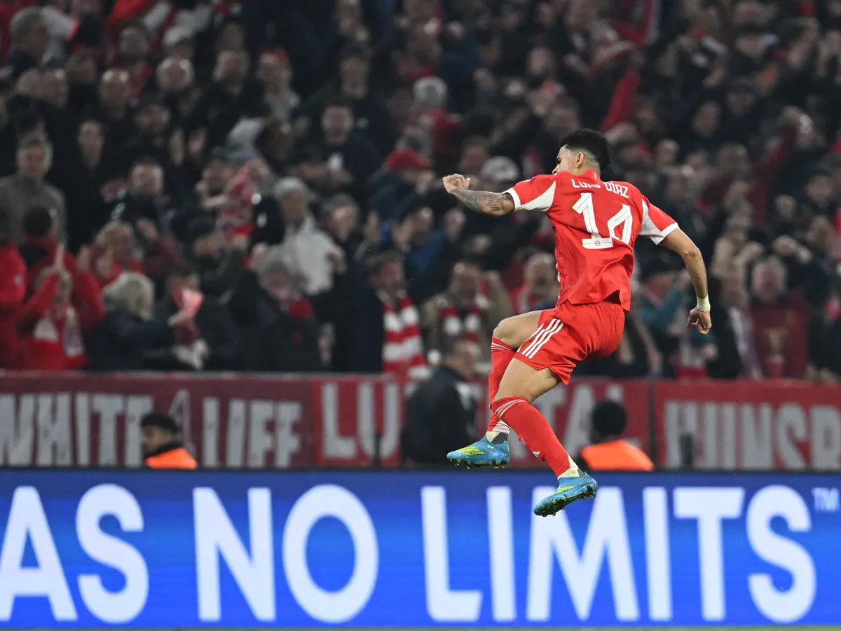 15 April 2026, Bavaria, Munich: Soccer, Men: Champions League, Bayern Munich - Real Madrid, knockout round, quarter-finals, second leg, Allianz Arena, Luis Diaz (Bayern Munich) celebrates after scoring to make it 3-3. Photo: Sven Hoppe/dpa (Photo by SVEN HOPPE / dpa Picture-Alliance via AFP)
