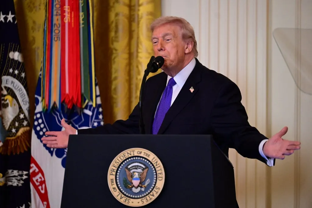 U.S. President Donald Trump speaks on ''Operation Epic Fury'' and provides an update on the Attack on Iran at a Medal of Honor Ceremony in the East Room of the White House in Washington, DC, on March 2, 2026. Trump also awards three soldiers the highest military decoration: Master Sgt. Roddie Edmonds, who dies in 1985, for shielding Jewish prisoners from Nazi guards during World War II; then-Staff Sgt. Terry Richardson for saving 85 lives of fellow soldiers during the Vietnam War; and Staff Sgt. Michael Ollis, who dies in the Afghanistan War when he shields another soldier from a suicide bomber. (Photo by Kyle Mazza/NurPhoto) (Photo by Kyle Mazza / NurPhoto via AFP)